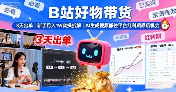 B站好物带货，3天出单，新手月入1W实操拆解，AI生成视频，抓住平台红利期最后机会-kaigewz
