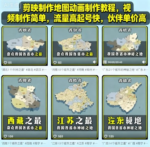 剪映制作地图动画制作教程，视频制作简单，流量高起号快，伙伴单价高-kaigewz