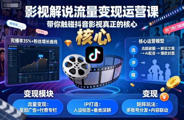 影视解说流量变现运营课，带你触碰抖音影视真正的核心-kaigewz