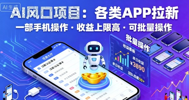 AI风口项目，各类APP拉新，一部手机就可以操作，收益上限高，可批量操作-kaigewz