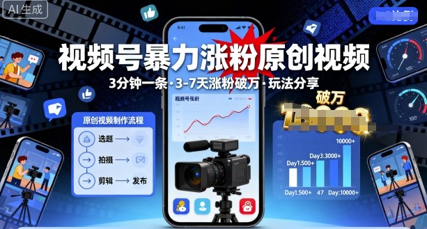 视频号暴力涨粉原创视频，3分钟一条原创视频，3-7天涨粉破万，玩法分享给你-kaigewz