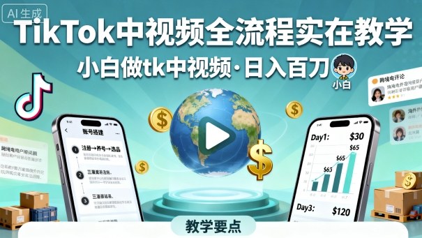TikTok中视频全流程实操教学，小白做tk中视频，日入百刀-kaigewz