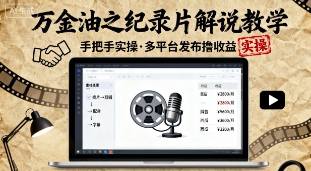万金油之纪录片解说教学，手把手教你，完全实操，多平台发布撸收益-kaigewz