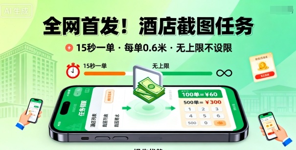 全网首发！酒店截图任务，15秒一单，每单0.6米，任务无上限不设限，矩阵操作单日3张到手【揭秘】-kaigewz
