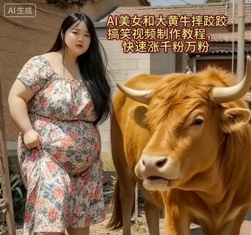 AI美女和大黄牛摔跤搞笑荒诞视频制作教程，快速涨千粉万粉-kaigewz
