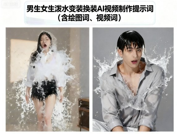 男生女生泼水变装换装AI视频制作提示词(含绘图词、视频词)-kaigewz