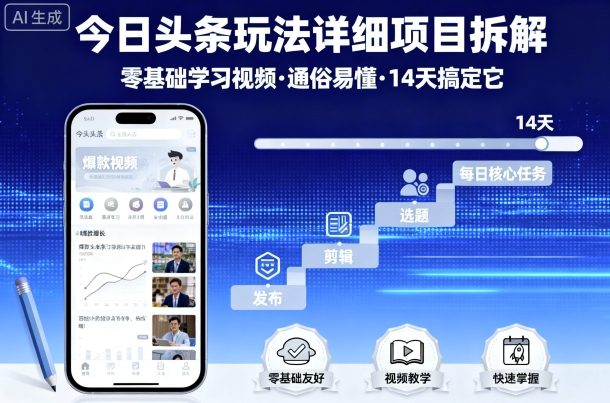 今日头条玩法详细项目拆解，零基础学习视频 通俗易懂 14天搞定它-kaigewz