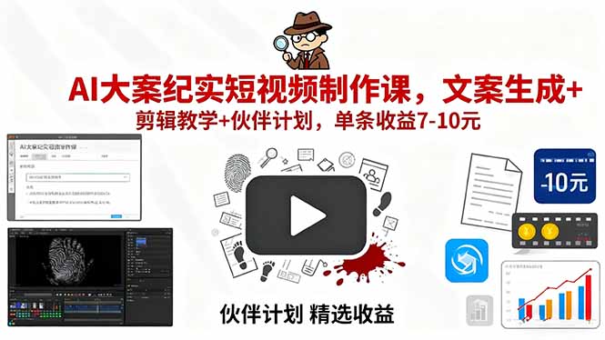 AI大案纪实短视频制作课，文案生成+剪辑教学+伙伴计划，单条收益7-10元-kaigewz