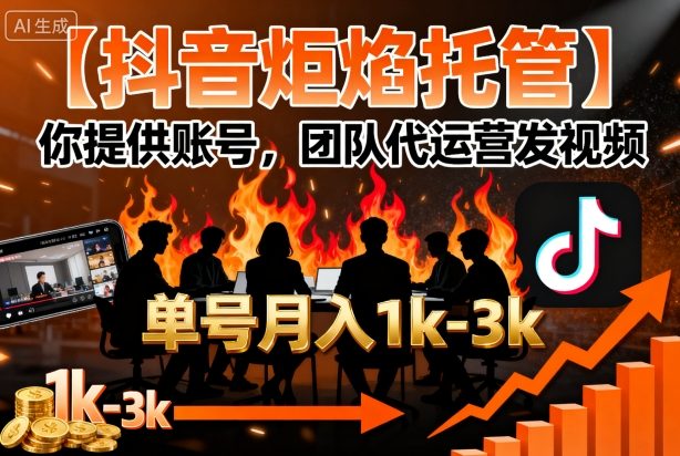 【抖音炬焰托管】你提供账号，团队代运营发视频，单号月入1k+【揭秘】-kaigewz