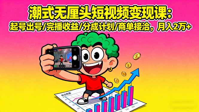 潮式无厘头短视频变现课：起号出号/完播收益/分成计划/商单接洽，月入2万+-kaigewz