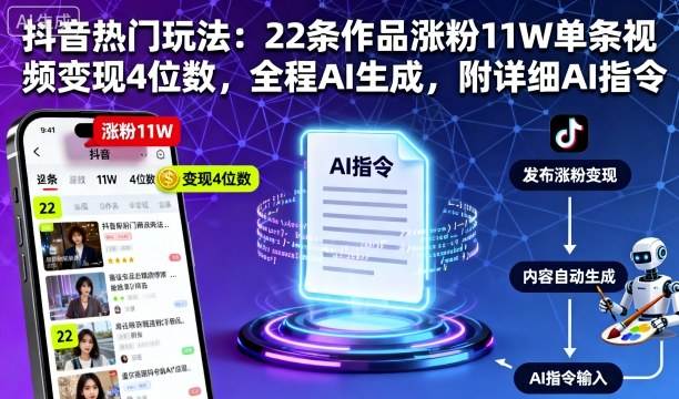 抖音热门玩法：22条作品涨粉11W单条视频变现4位数，全程AI生成，附详细AI指令-kaigewz