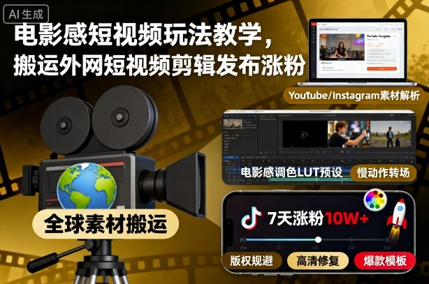 电影感短视频玩法教学，搬运外网短视频剪辑发布涨粉-kaigewz