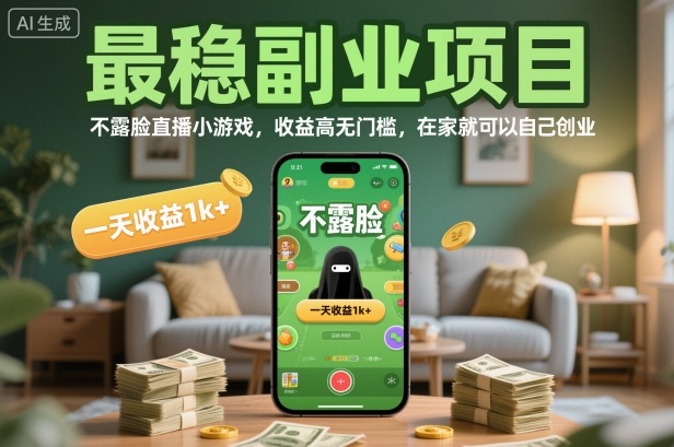 最稳副业项目，不露脸直播小游戏，收益高无门槛，一天收益1k+，在家就可以自己创业【揭秘】-kaigewz